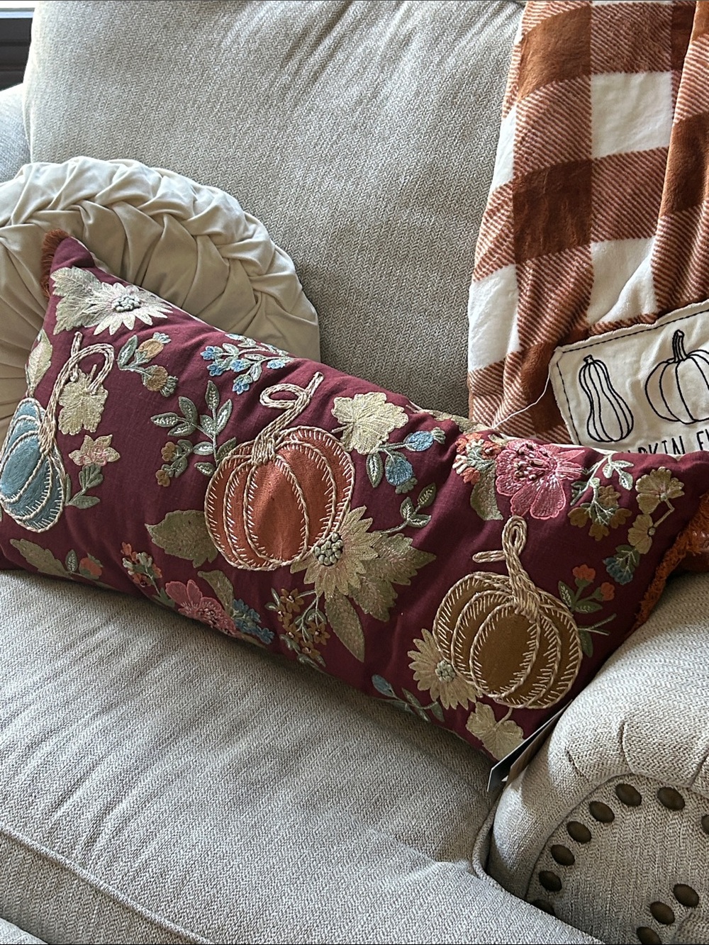 NEW! LARGE Fall Autumn Harvest Pumpkin Embroidered Lumbar Pillow
